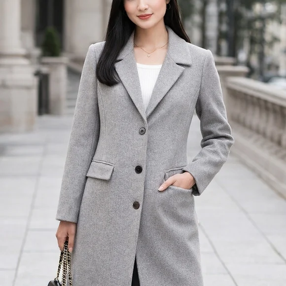 1 Madison Gray Wool Blend Tailored Long Coat Notched Collar Classic Chic XL - Picture 8 of 15